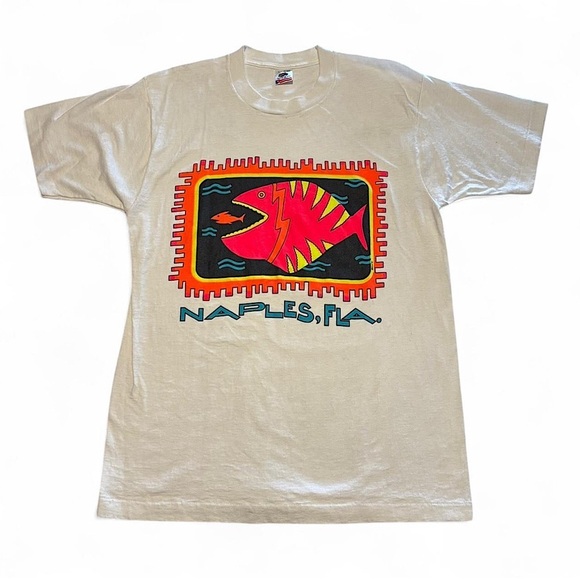 VTG 90s Naples Florida Tourist T-Shirt L Neon Fish Art Single Stitch USA FOTL - Picture 1 of 7